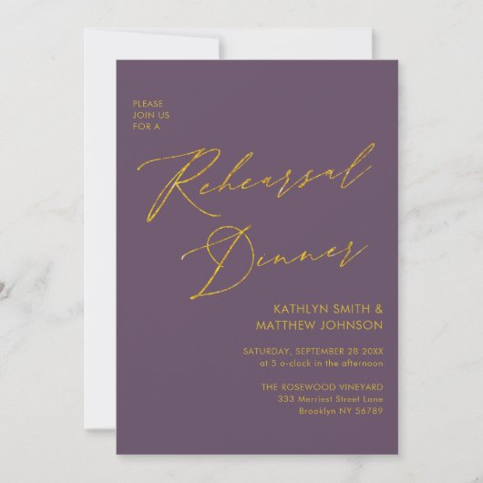 Invitation Mauve Elegant Gold Script Rehearer Diner Code QR (Devant)