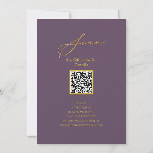 Invitation Mauve Elegant Gold Script Rehearer Diner Code QR (Dos)