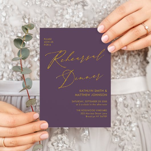 Invitation Mauve Elegant Gold Script Rehearer Diner Code QR
