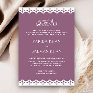 Invitation Mauve et blanc dentelle islamique Mariage musulman