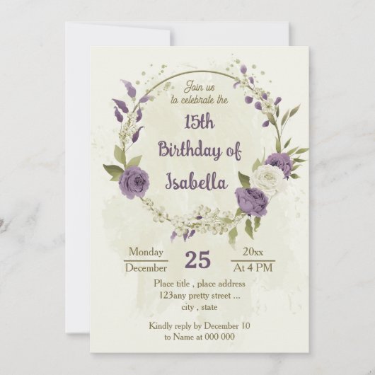 Invitation mauve fleurs blanches verdure anniversaire (Devant)