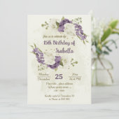Invitation mauve fleurs blanches verdure anniversaire (Debout devant)