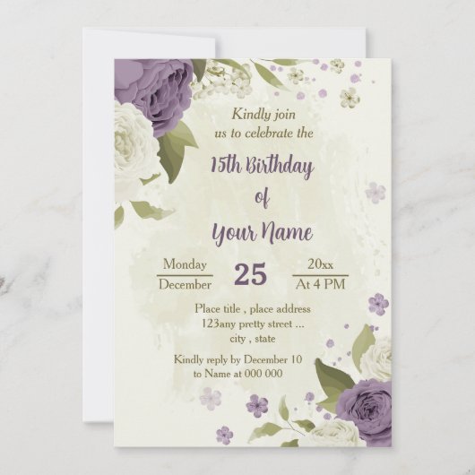 Invitation mauve fleurs blanches verdure anniversaire (Devant)