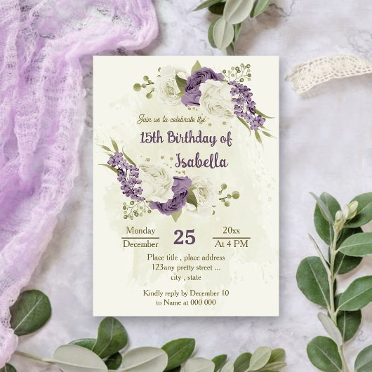 Invitation mauve fleurs blanches verdure anniversaire