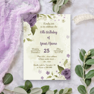 Invitation mauve fleurs blanches verdure anniversaire