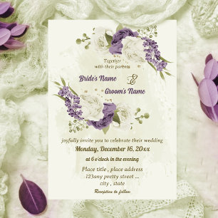Invitation mauve fleurs blanches verdure mariage