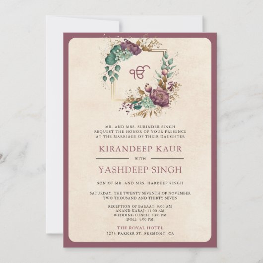 Invitation Mauve Floral QR Code Anand Karaj Sikh Mariage (Devant)