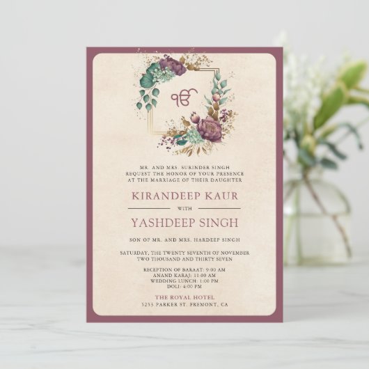 Invitation Mauve Floral QR Code Anand Karaj Sikh Mariage (Debout devant)