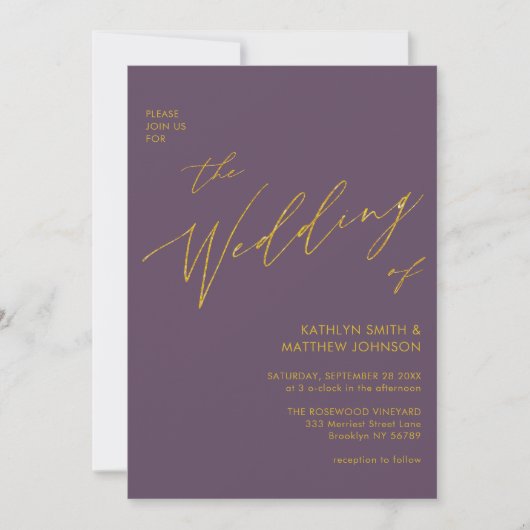 Invitation Mauve Gold QR Code Tout en un mariage élégant (Devant)