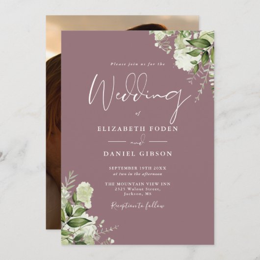 Invitation Mauve Greenery Floral Élégant Mariage photo (Devant / Derrière)