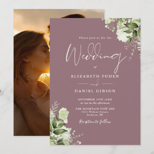 Invitation Mauve Greenery Floral Élégant Mariage photo