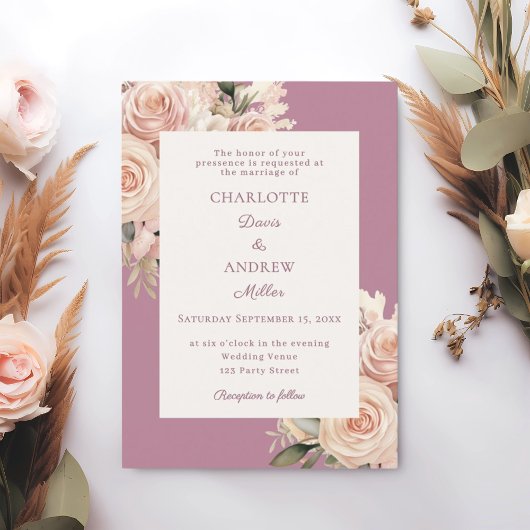 Invitation Mauve ivory dusty rose florals wedding