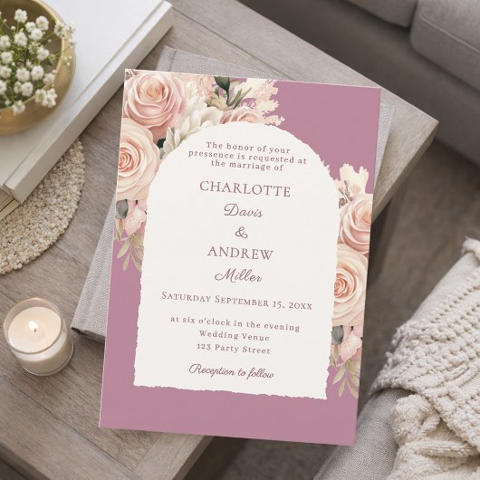 Invitation Mauve ivory dusty rose florals wedding arch