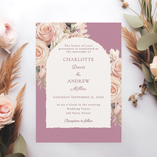 Invitation Mauve ivory dusty rose florals wedding arch
