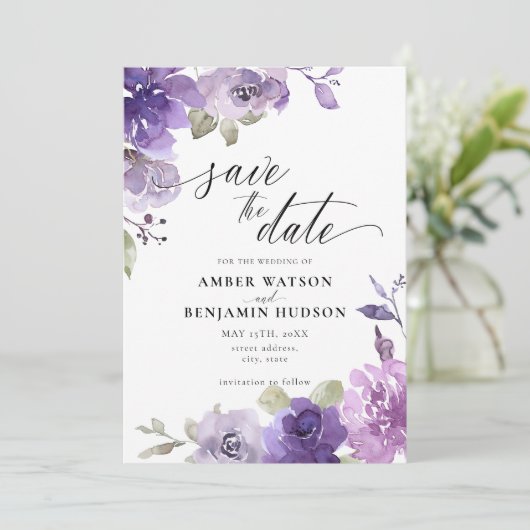 Invitation Mauve Lilac Dusty Purple Floral Enregistrer La Dat (Debout devant)