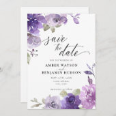 Invitation Mauve Lilac Dusty Purple Floral Enregistrer La Dat (Devant / Derrière)