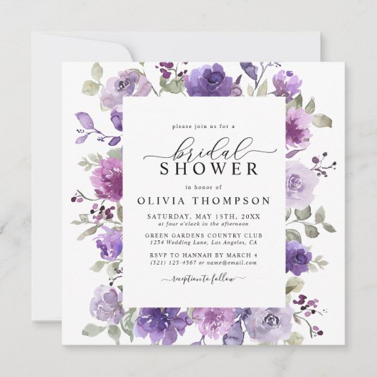 Invitation Mauve Lilac Purple Floral Aquarelle Fête des marié (Devant)