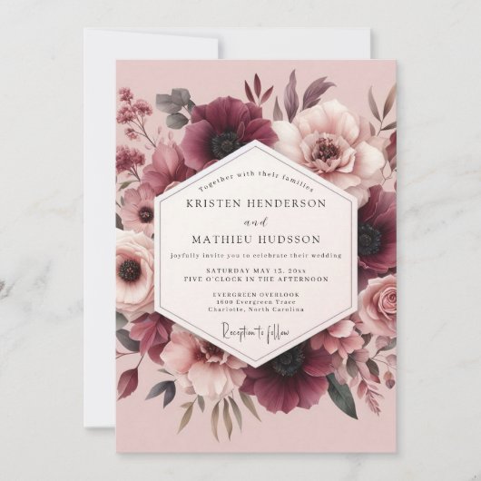 Invitation Mauve & Maroon Romantic Bloom Wedding (Devant)