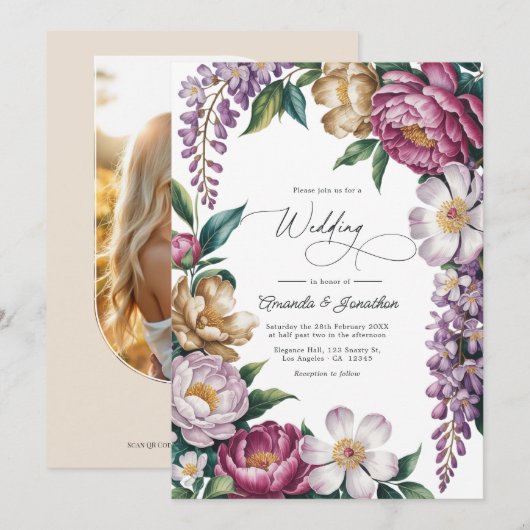 Invitation Mauve Mist, Champagne Gold & White Floral Wedding (Devant / Derrière)