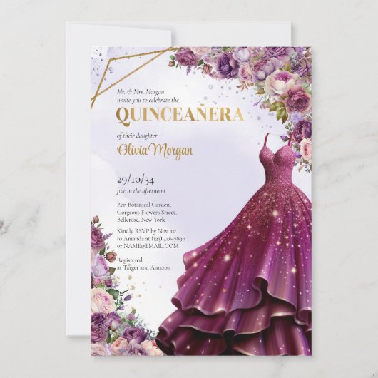 Invitation Mauve moderne et or floral forme robe longue (Devant)