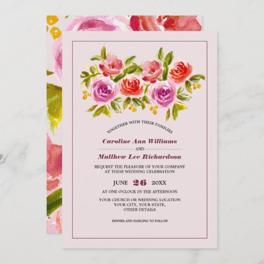 Invitation Mauve Peach Rouge Floral Mariage aquarelle (Devant / Derrière)