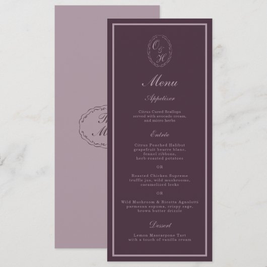 Invitation Mauve Plum Monogram Wedding Long Menu (Devant / Derrière)