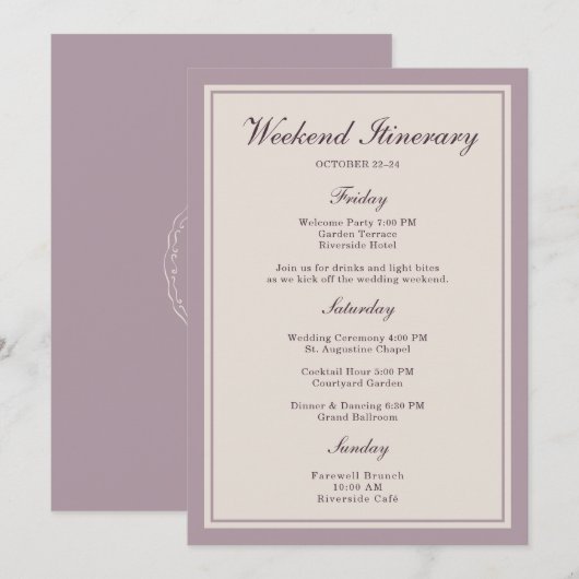 Invitation Mauve Plum Wedding Weekend Itinerary Card (Devant / Derrière)