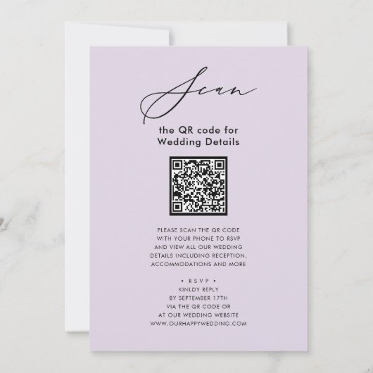 Invitation Mauve QR Code Tout en un élégant Mariage de script (Dos)