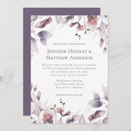 Invitation Mauve rose Dusty violet Mariage Floral (Devant / Derrière)