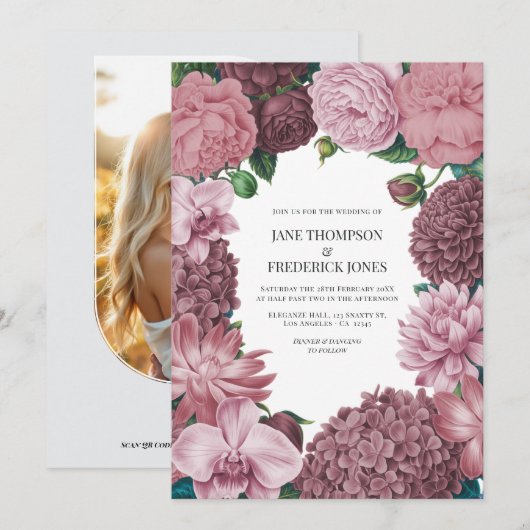 Invitation Mauve Smoke, Dusty Peony & Rosewater Clay Wedding (Devant / Derrière)