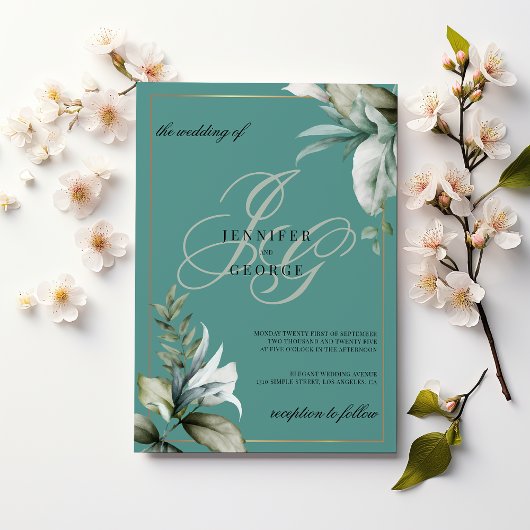 Invitation Mauve vert feuille or monogramme initiales mariage