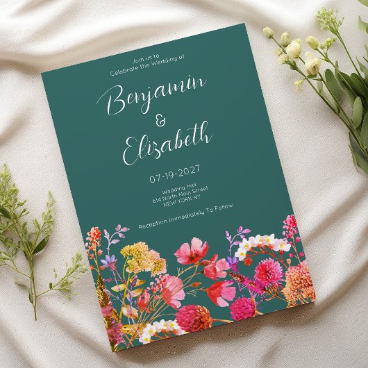 Invitation Mauve vert orange rose jaune Mariage d'été
