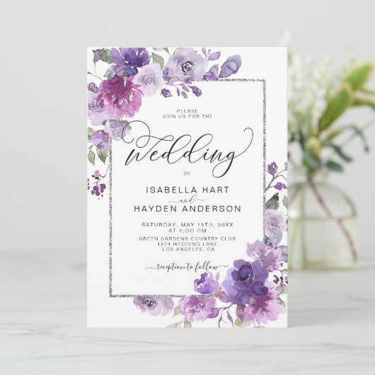 Invitation Mauve Violet Lilac Floral Argent Mariage (Debout devant)