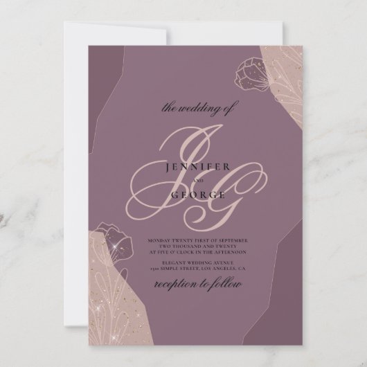 Invitation Mauve violet rose monogramme initiales mariage flo (Devant)