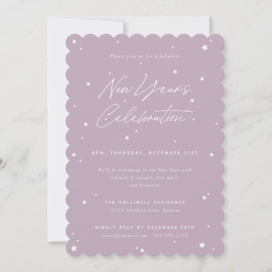 Invitation Mauve+White Script Étoiles éparpillées Fête du Nou (Devant)