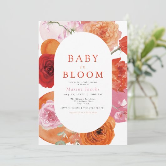 Invitation MAX Bold Fuchsia & Orange Floral Baby In Bloom (Debout devant)