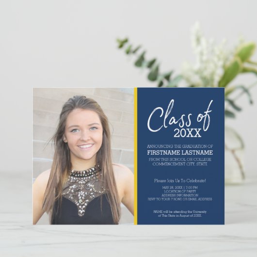 Invitation MCM Moderne Motif Bleu Jaune Photo Graduation (Debout devant)