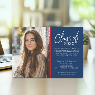 Invitation MCM Moderne Motif Rouge Bleu Bleu Photo Graduation