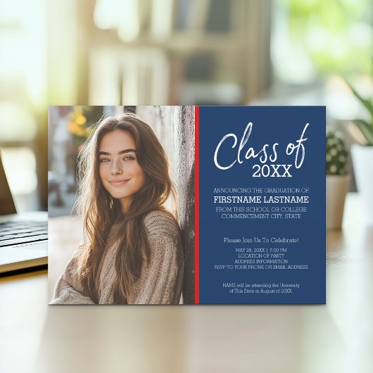 Invitation MCM Moderne Motif Rouge Bleu Bleu Photo Graduation