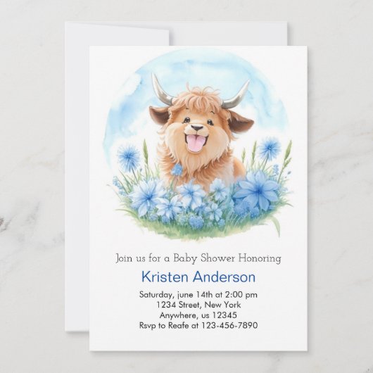 Invitation Meadow Adventure Blue Highland Cow Boy Baby shower (Devant)