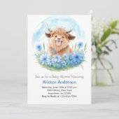 Invitation Meadow Adventure Blue Highland Cow Boy Baby shower (Debout devant)