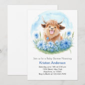 Invitation Meadow Adventure Blue Highland Cow Boy Baby shower (Devant / Derrière)