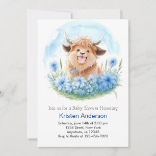 Invitation Meadow Adventure Blue Highland Cow Boy Baby shower