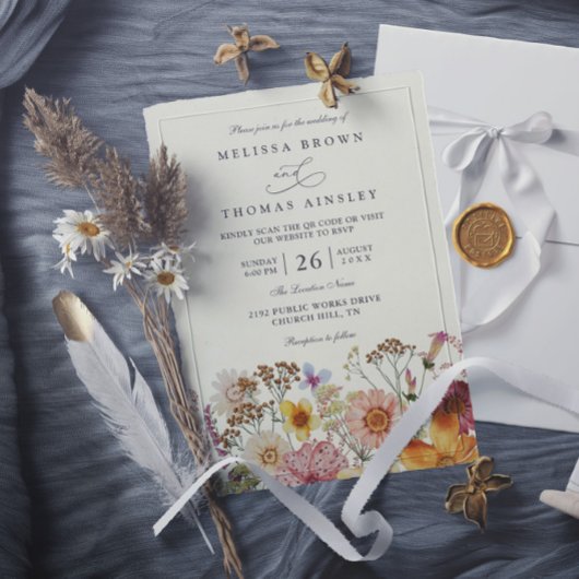 Invitation Meadow Bohemian Wildflower Rustic QR Code Wedding