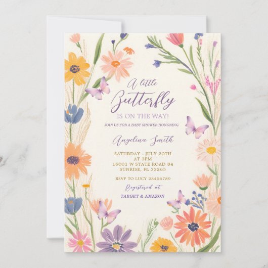 Invitation Meadow Garden Fleur sauvage Papillons Baby shower (Devant)