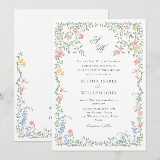 Invitation Meadow Pastel Français Rose Floral Mariage (Devant / Derrière)