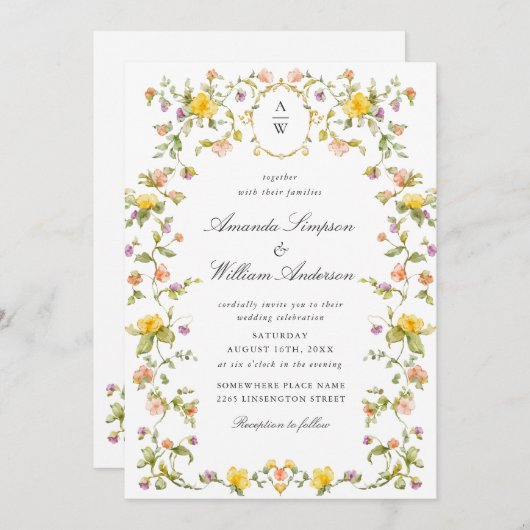 Invitation Meadow Pastel Français Rose Floral Mariage (Devant / Derrière)