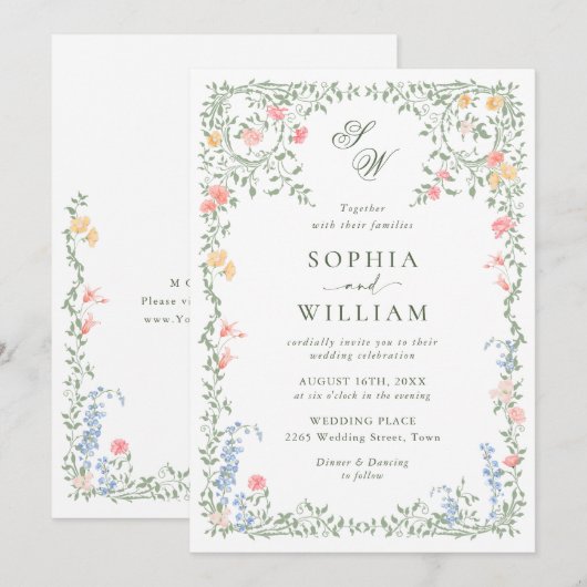 Invitation Meadow Pastel Français Rose Floral Mariage (Devant / Derrière)