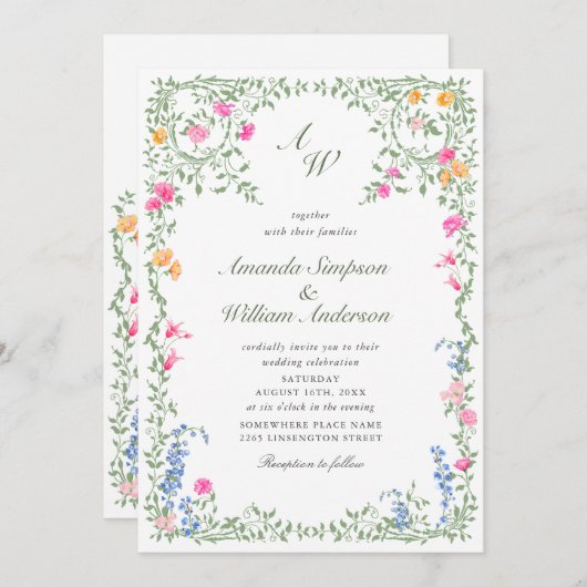 Invitation Meadow Pastel Français Rose Floral Mariage (Devant / Derrière)