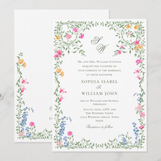 Invitation Meadow Pastel Français Rose Floral Mariage (Devant / Derrière)